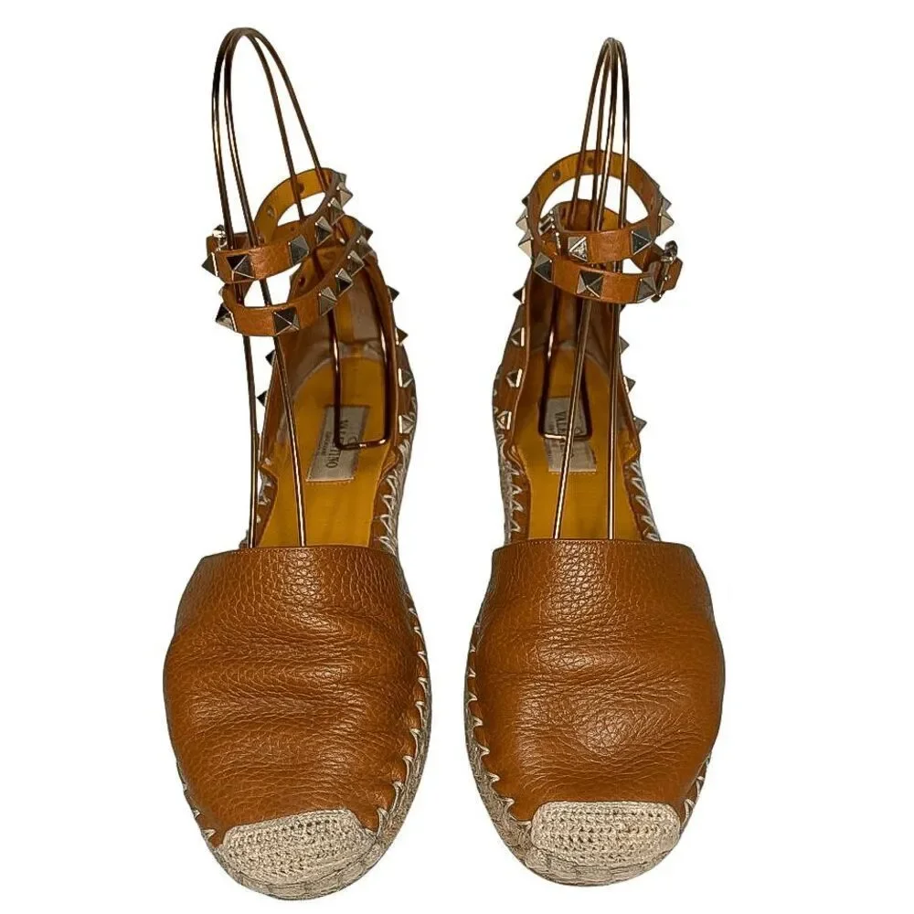 Valentino Garavani Rockstud Espadrille Studded Ankle Wrap Flats EU 37 US 7 Brown